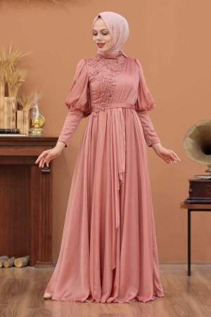 Tesettürlü Abiye Elbise -Robe de soirée islamique saumon foncé 41551KSMN - 1