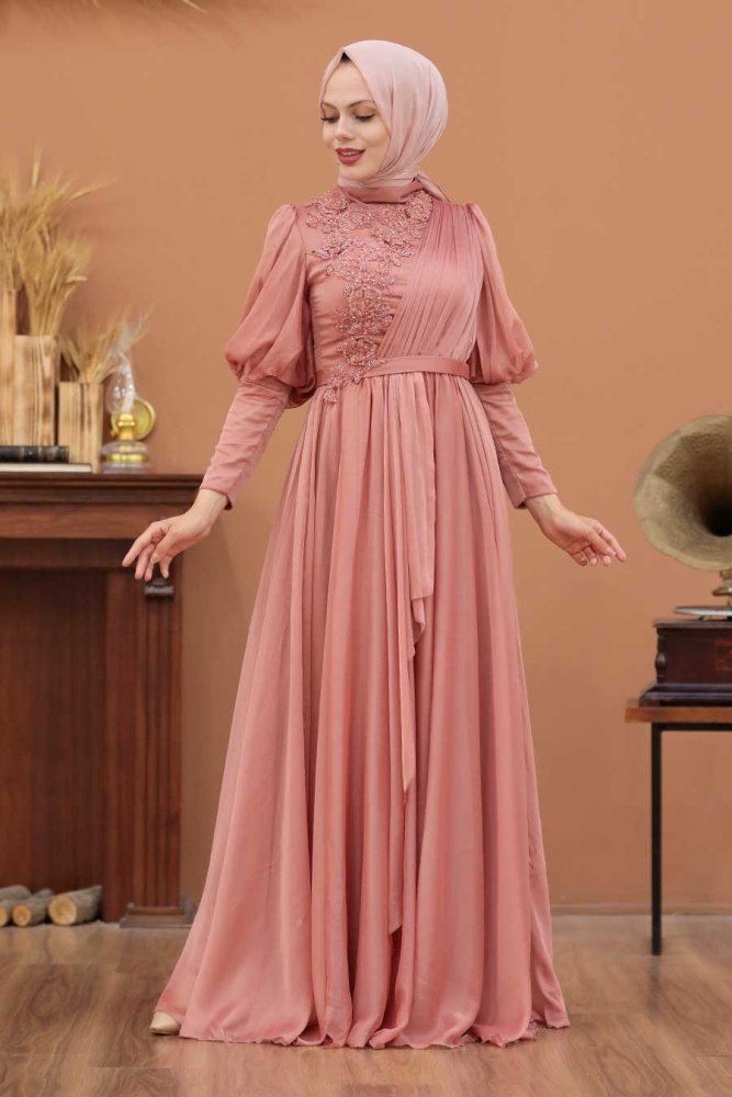 Tesettürlü Abiye Elbise -Robe de soirée islamique saumon foncé 41551KSMN - 1