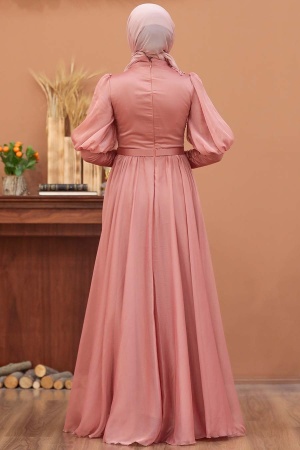 Tesettürlü Abiye Elbise -Robe de soirée islamique saumon foncé 41551KSMN - 4