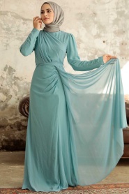 Tesettürlü Abiye Elbise - Robe de Soirée Islamique Turquoise 5736TR - Thumbnail