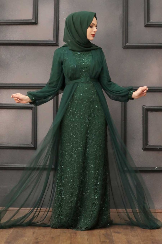 Tesettürlü Abiye Elbise -Robe de soirée islamique vert foncé à paillettes 5383KY - 1