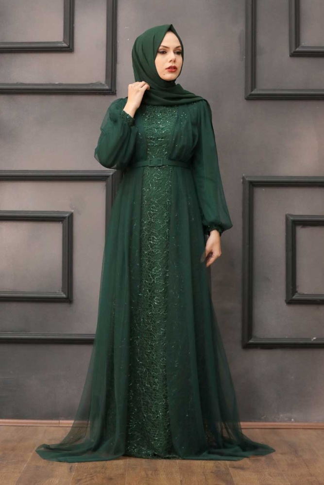 Tesettürlü Abiye Elbise -Robe de soirée islamique vert foncé à paillettes 5383KY - 2