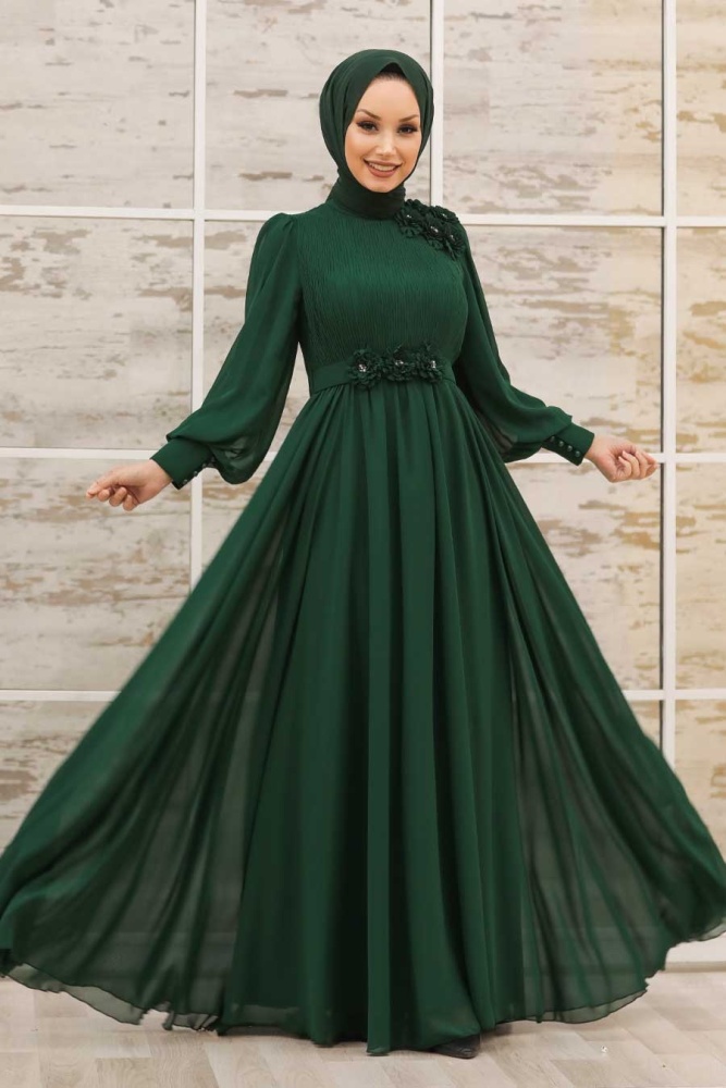 Tesettürlü Abiye Elbise - Robe de soirée islamique verte 21951Y - 1