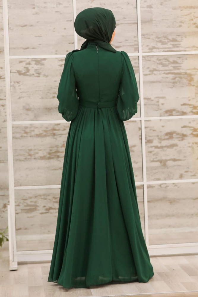 Tesettürlü Abiye Elbise - Robe de soirée islamique verte 21951Y - 4