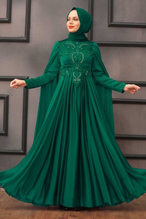Tesettürlü Abiye Elbise - Robe de soirée islamique verte 22001Y - 1