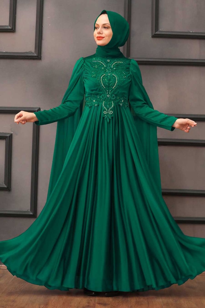 Tesettürlü Abiye Elbise - Robe de soirée islamique verte 22001Y - 1