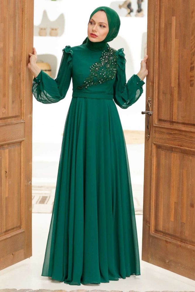 Tesettürlü Abiye Elbise - Robe de soirée islamique verte 22110Y - 4