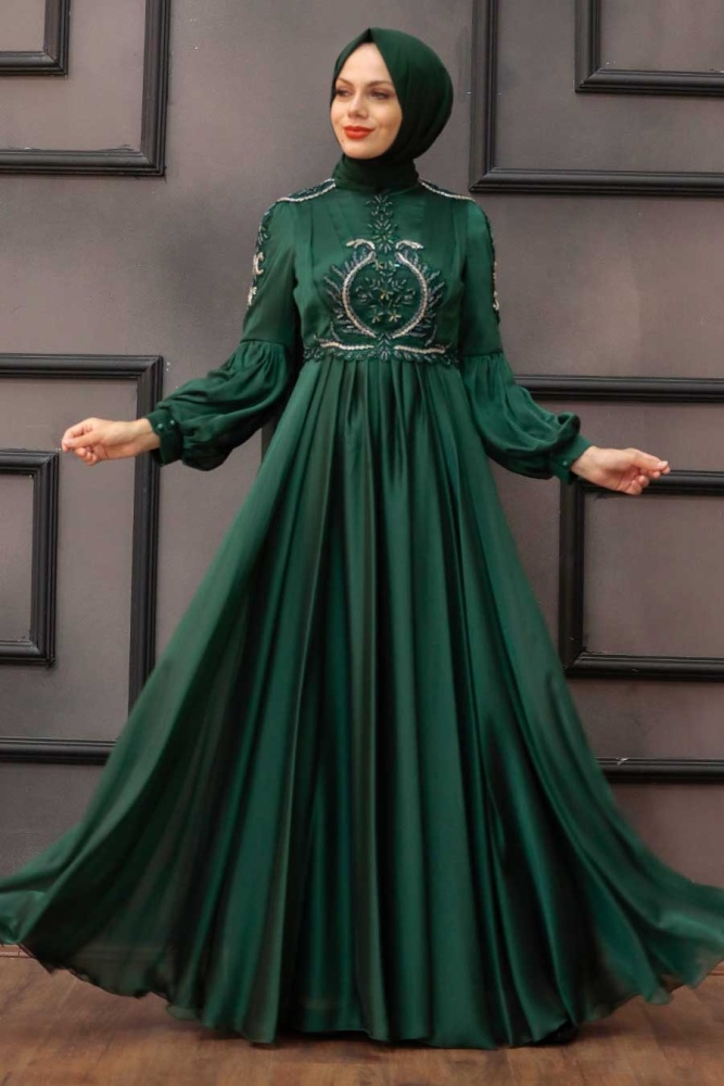 Tesettürlü Abiye Elbise - Robe de soirée islamique verte 2212Y - 1