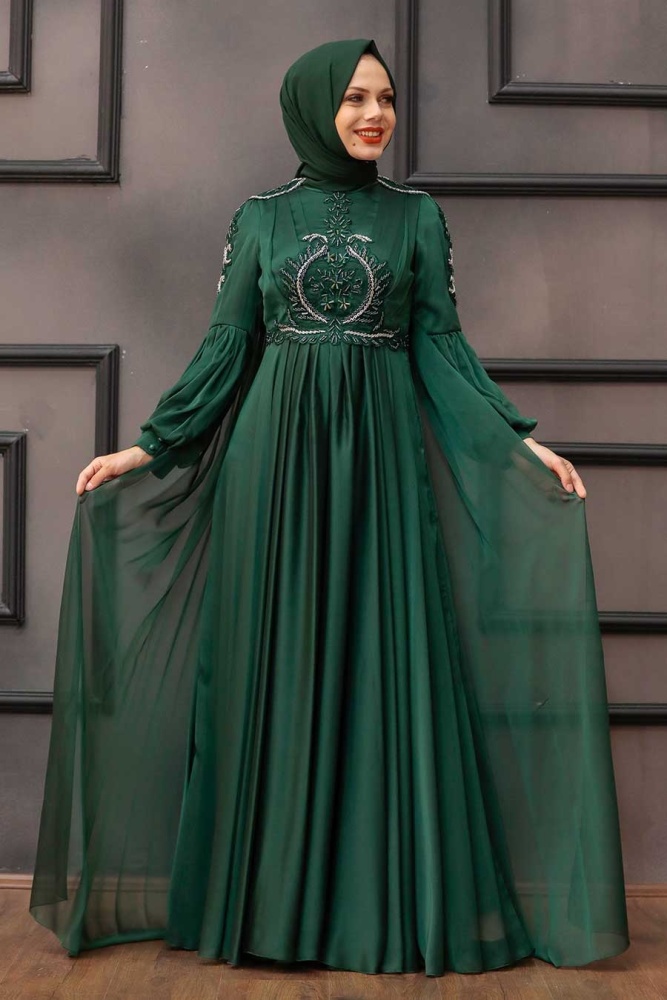 Tesettürlü Abiye Elbise - Robe de soirée islamique verte 2212Y - 2