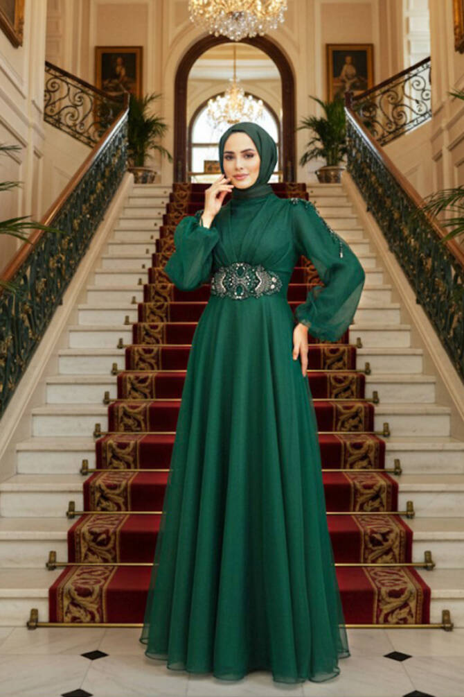 Tesettürlü Abiye Elbise - Robe de Soirée Islamique Verte 2249Y - 1