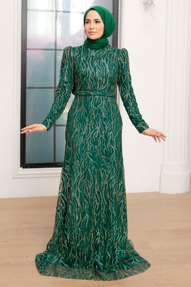 Tesettürlü Abiye Elbise - Robe de Soirée Islamique Verte 22633Y - 1