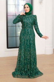 Tesettürlü Abiye Elbise - Robe de Soirée Islamique Verte 22633Y - Thumbnail