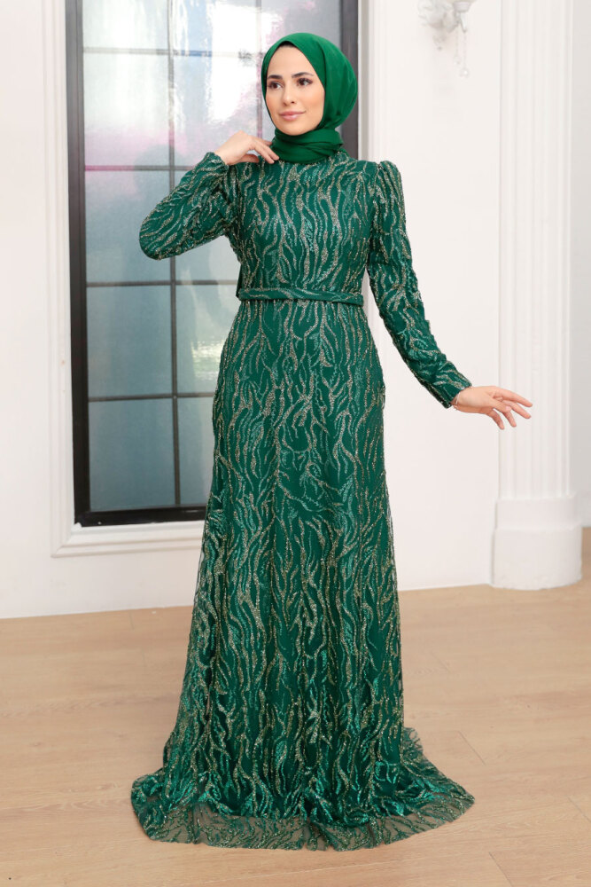 Tesettürlü Abiye Elbise - Robe de Soirée Islamique Verte 22633Y - 2