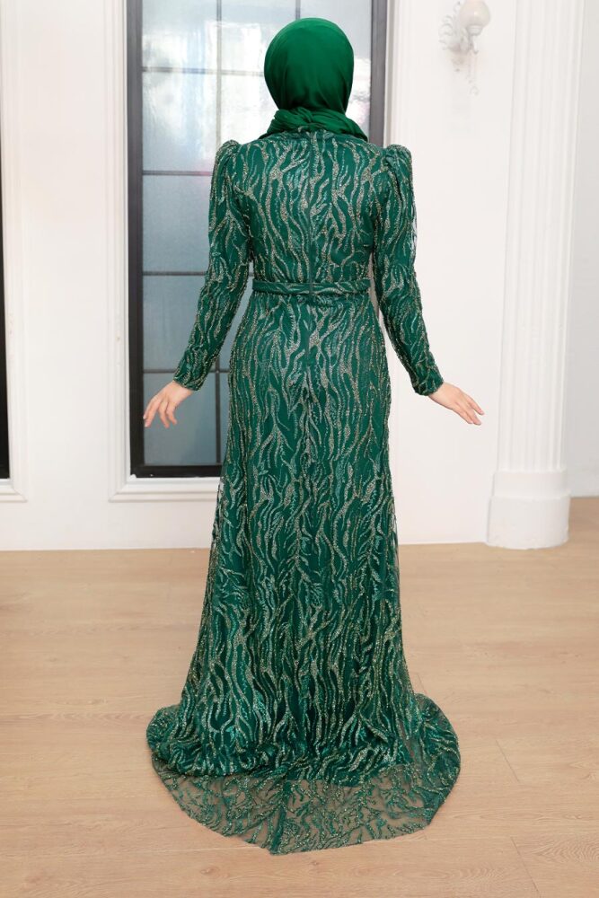 Tesettürlü Abiye Elbise - Robe de Soirée Islamique Verte 22633Y - 3