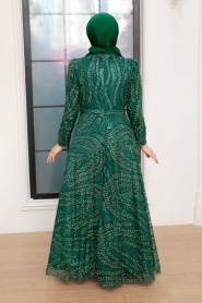 Tesettürlü Abiye Elbise - Robe de Soirée Islamique Verte 22661Y - Thumbnail