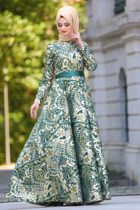 Tesettürlü Abiye Elbise - Robe de soirée islamique verte 24494Y - 1