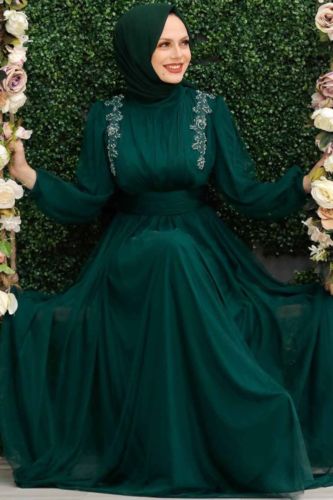 Tesettürlü Abiye Elbise -Robe de soirée islamique verte 41740Y - 1