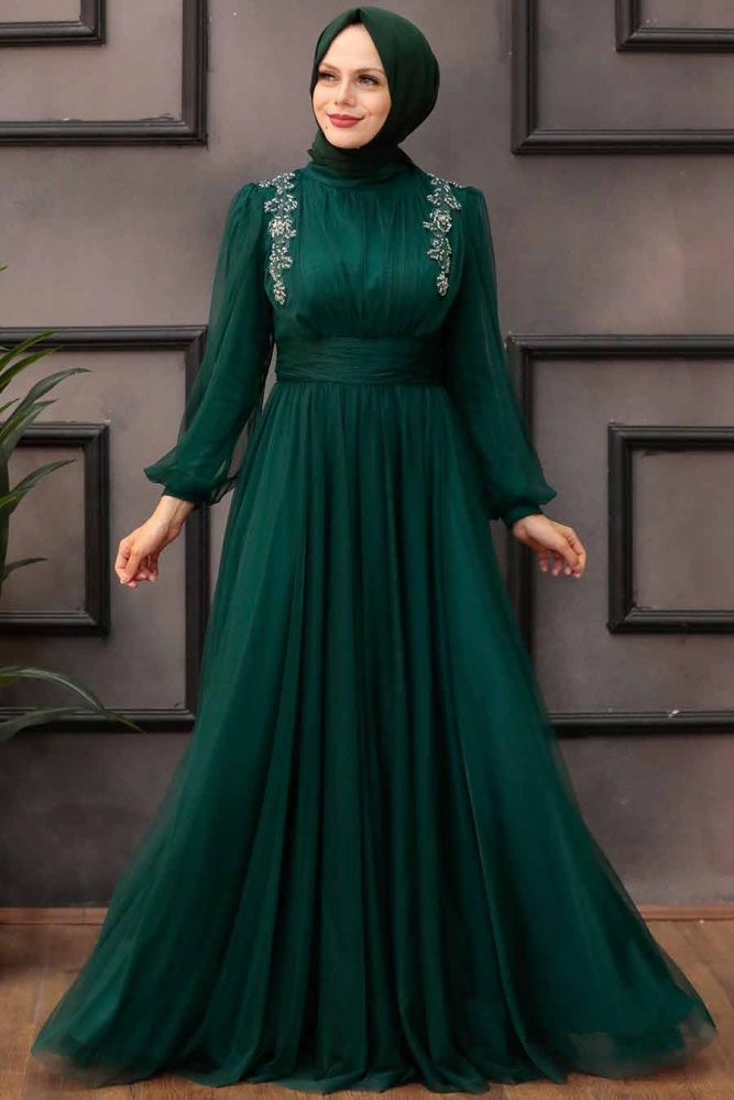 Tesettürlü Abiye Elbise -Robe de soirée islamique verte 41740Y - 2