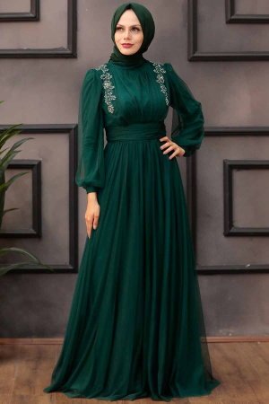 Tesettürlü Abiye Elbise -Robe de soirée islamique verte 41740Y - 3