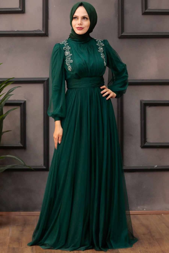 Tesettürlü Abiye Elbise -Robe de soirée islamique verte 41740Y - 3