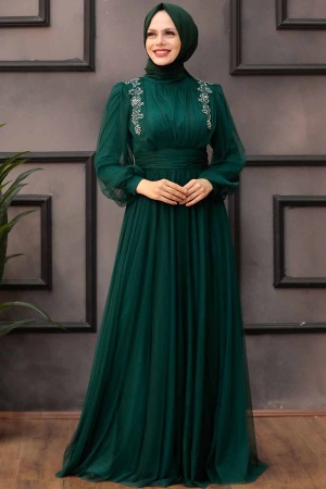 Tesettürlü Abiye Elbise -Robe de soirée islamique verte 41740Y - 4