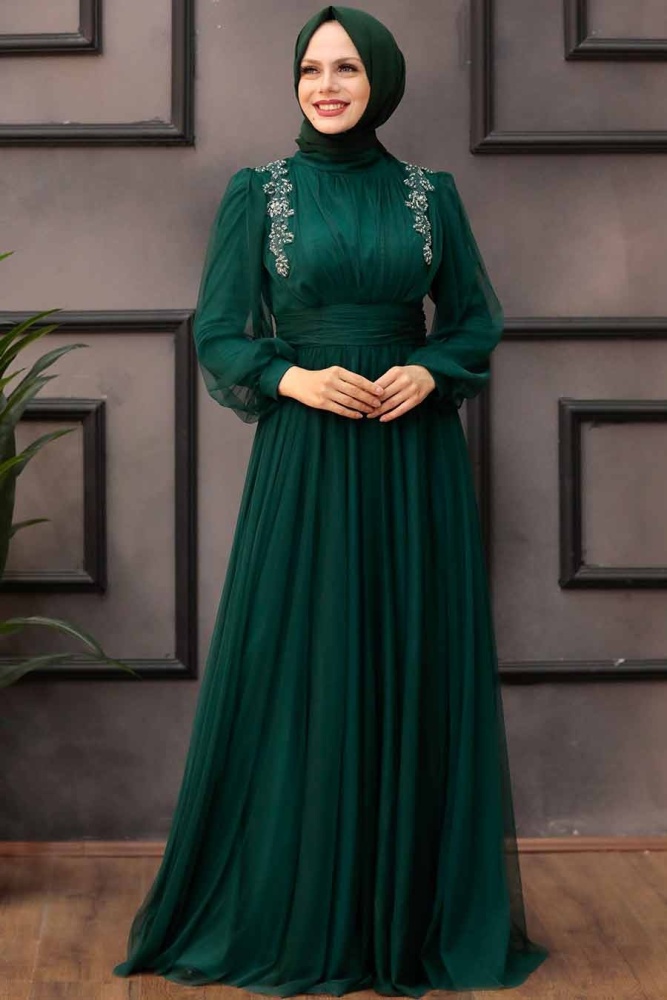 Tesettürlü Abiye Elbise -Robe de soirée islamique verte 41740Y - 4