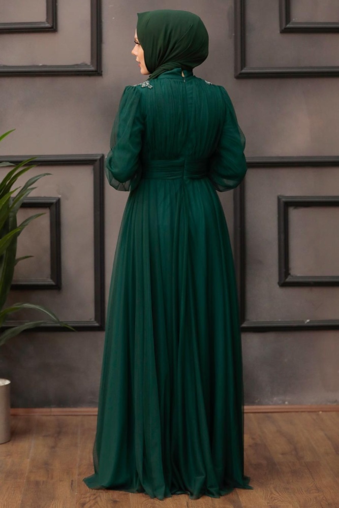 Tesettürlü Abiye Elbise -Robe de soirée islamique verte 41740Y - 5