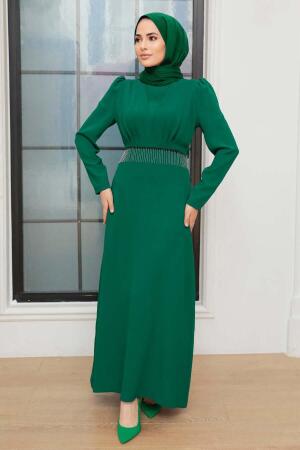 Tesettürlü Abiye Elbise - Robe de Soirée Islamique Verte 51531Y - 2
