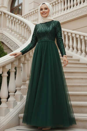 Tesettürlü Abiye Elbise - Robe de soirée islamique verte 5338Y - TESETTÜRLÜ ABİYE ELBİSELER