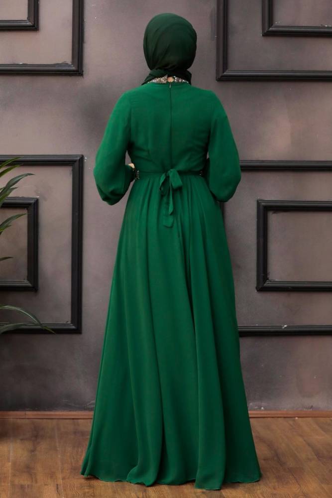 Tesettürlü Abiye Elbise -Robe de soirée islamique verte 5339Y - 2