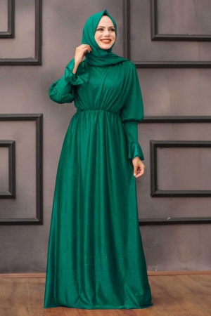 Tesettürlü Abiye Elbise - Robe de soirée islamique verte 5367Y - 1
