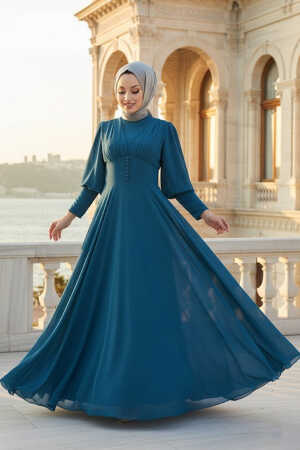 Tesettürlü Abiye Elbise -Robe de soirée islamique verte 53810Y - 1