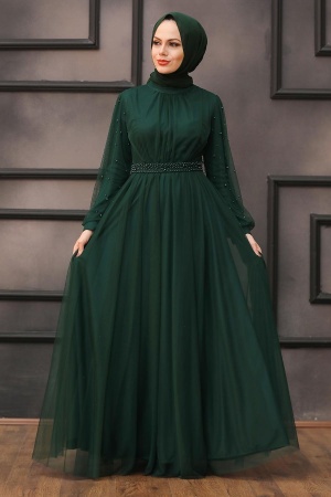 Tesettürlü Abiye Elbise - Robe de soirée islamique verte 5514Y - 1