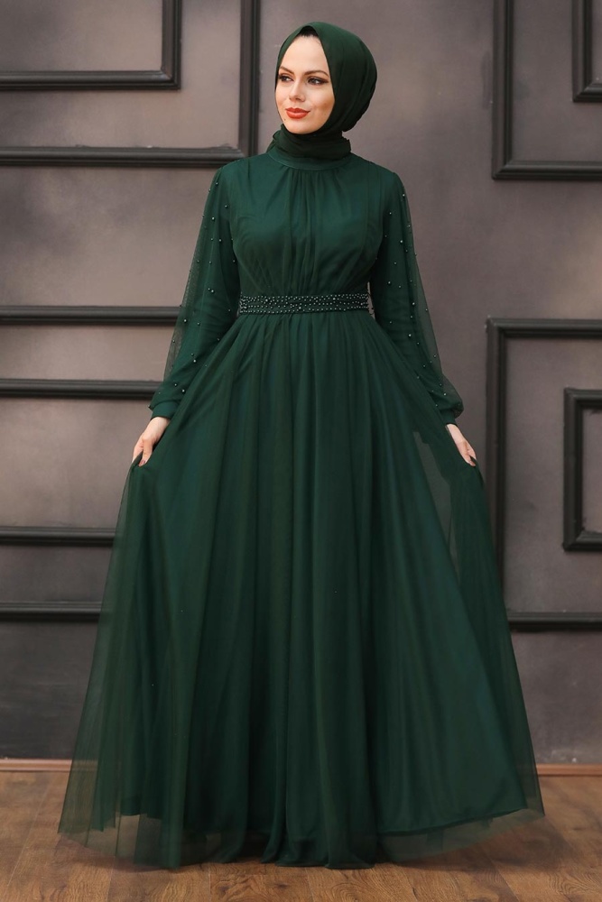 Tesettürlü Abiye Elbise - Robe de soirée islamique verte 5514Y - 1
