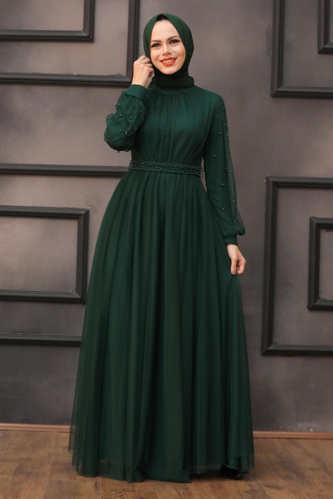 Tesettürlü Abiye Elbise - Robe de soirée islamique verte 5514Y - 2