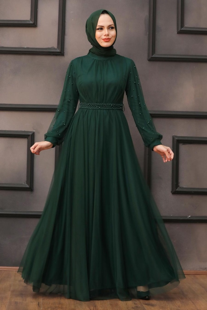 Tesettürlü Abiye Elbise - Robe de soirée islamique verte 5514Y - 3
