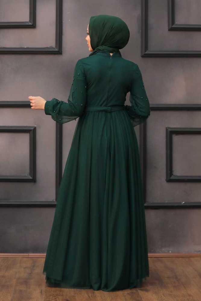 Tesettürlü Abiye Elbise - Robe de soirée islamique verte 5514Y - 4