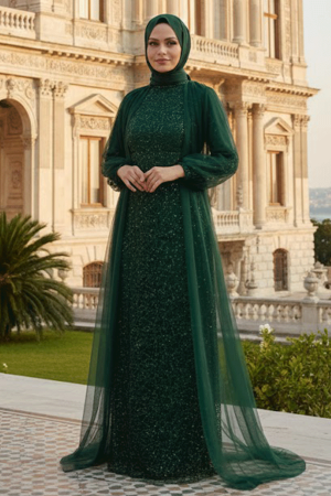 Tesettürlü Abiye Elbise - Robe de Soirée Islamique Verte 55190Y - 1