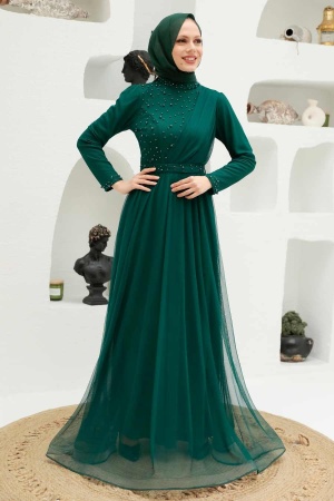 Robe de soirée longue et couvrante avec détails de perles nacrées – Vert 56641Y 