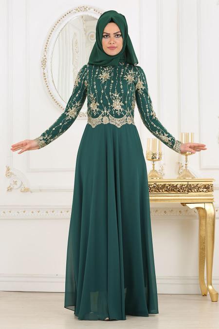 Tesettürlü Abiye Elbise - Robe de soirée islamique verte 7646Y - 1