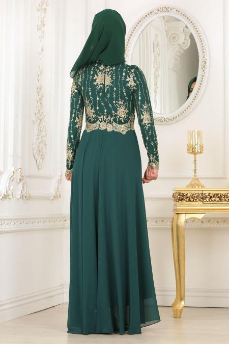 Tesettürlü Abiye Elbise - Robe de soirée islamique verte 7646Y - 2