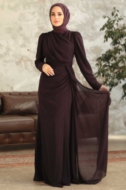 Tesettürlü Abiye Elbise - Robe de Soirée Islamique Violet Foncé 5736KMOR - Thumbnail