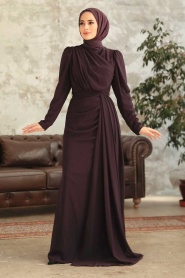 Tesettürlü Abiye Elbise - Robe de Soirée Islamique Violet Foncé 5736KMOR - Thumbnail