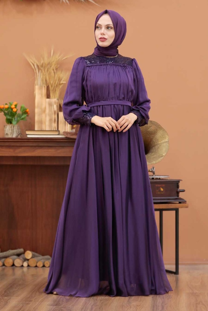 Tesettürlü Abiye Elbise - Robe de soirée islamique violette 32930MOR - 1
