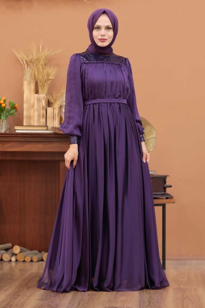 Tesettürlü Abiye Elbise - Robe de soirée islamique violette 32930MOR - 2