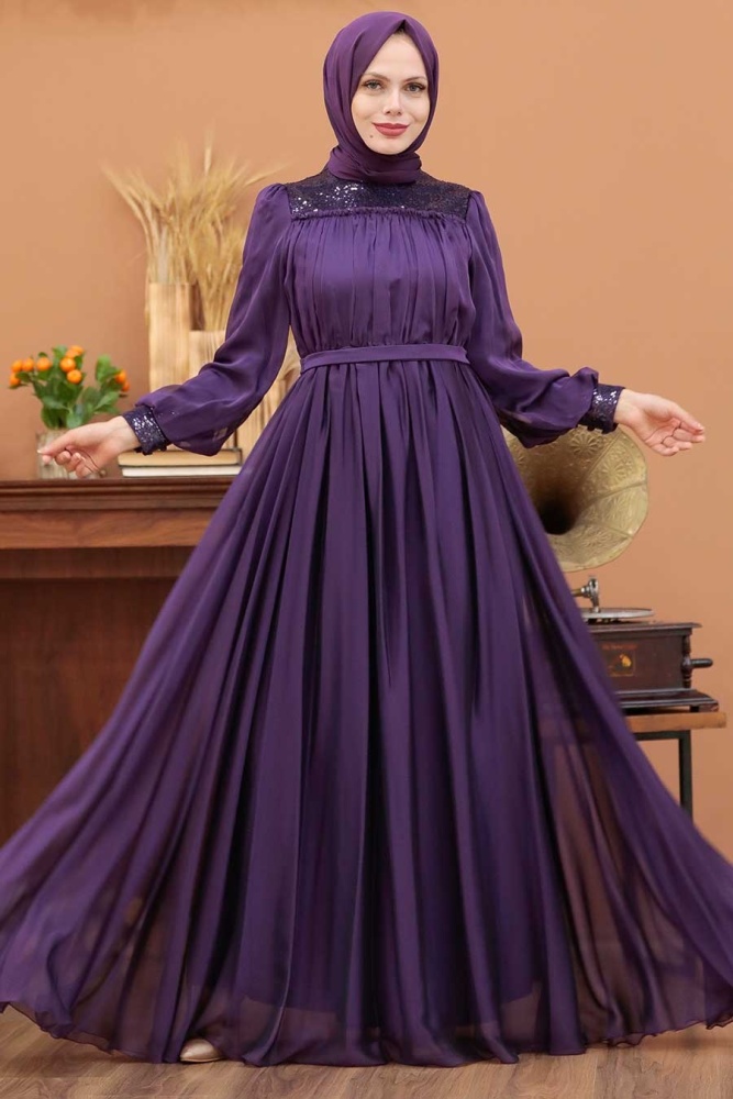 Tesettürlü Abiye Elbise - Robe de soirée islamique violette 32930MOR - 3