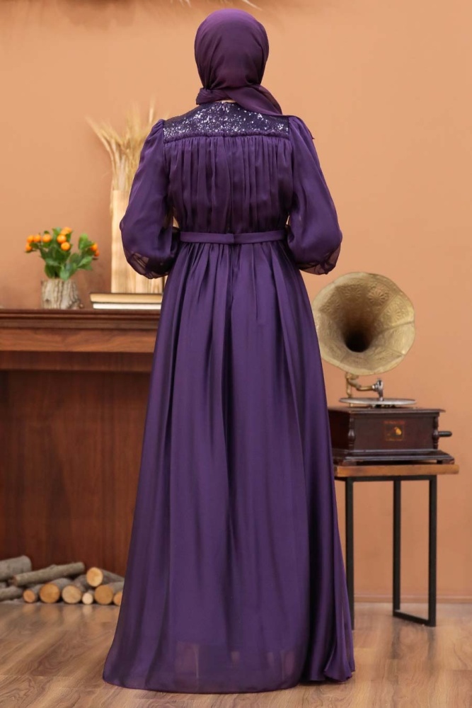 Tesettürlü Abiye Elbise - Robe de soirée islamique violette 32930MOR - 4