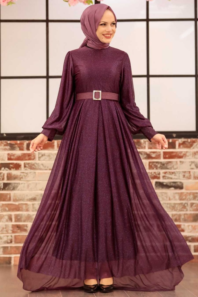  Tesettürlü Abiye Elbise - Robe de soirée islamique violette 4674MOR - 1