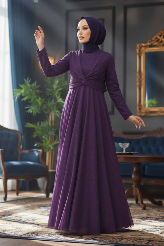 Tesettürlü Abiye Elbise - Robe de soirée islamique violette 5397MOR - 1