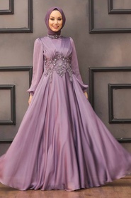 Tesettürlü Abiye Elbise - Robe de Soirée Lilas Hijab 22150LILA - Thumbnail